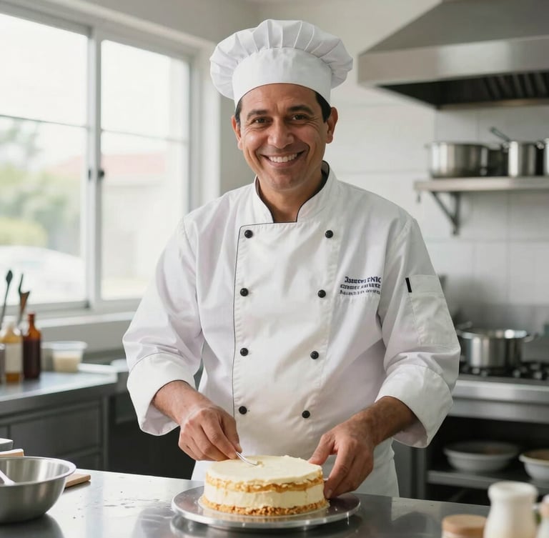 Medium environmental portrait of a Brazilian pastry chef in a bright, clean kitchen, smiling while preparing a cake, natural window lighting, high contrast.