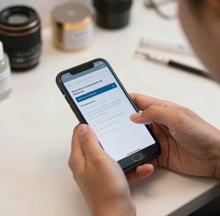 Foco em mãos de uma manicure brasileira organizada, segurando um celular que exibe um comprovante digital de encerramento de empresa, ambiente de trabalho limpo e bem iluminado ao fundo.