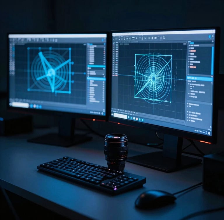 Moody dark-themed photography of a clean workstation, dual monitors displaying vector wireframes, electric blue neon accent lighting casting sharp shadows, 35mm lens.