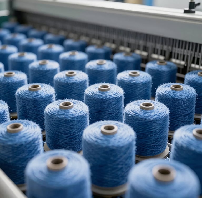 Macro close-up of blue yarn spindles on an automated weaving machine, cool clean daylight, sharp focus