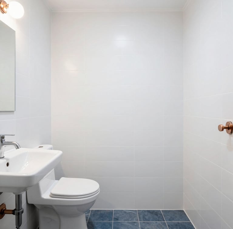 Clean wide shot of a newly renovated modern bathroom, white tiles, elegant copper pipe details, bright daylight, tidy and pristine environment