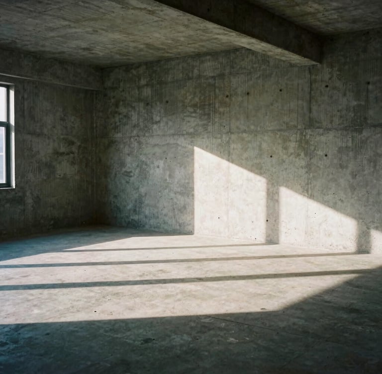Wide panoramic shot of an empty concrete studio space flooded with harsh morning light, deep shadows, raw plaster textures.
