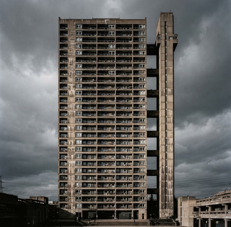 Stark architectural elevation of a brutalist concrete tower against a high-contrast gray sky, sharp shadows, 35mm film texture.
