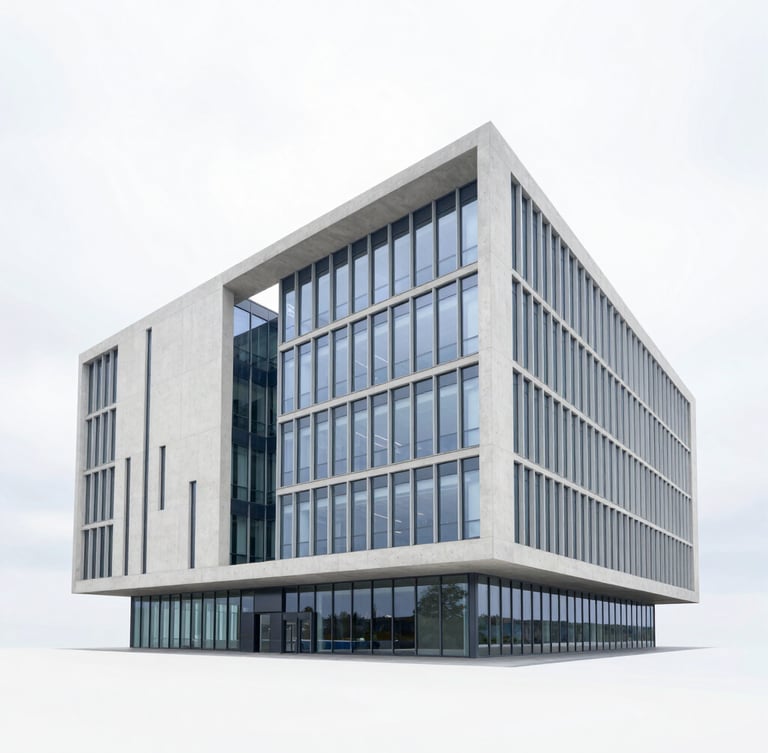 Wide architectural angle of a modern minimalist concrete and glass corporate headquarters, bright overcast daylight, cool blue ambient light accents, sharp focus