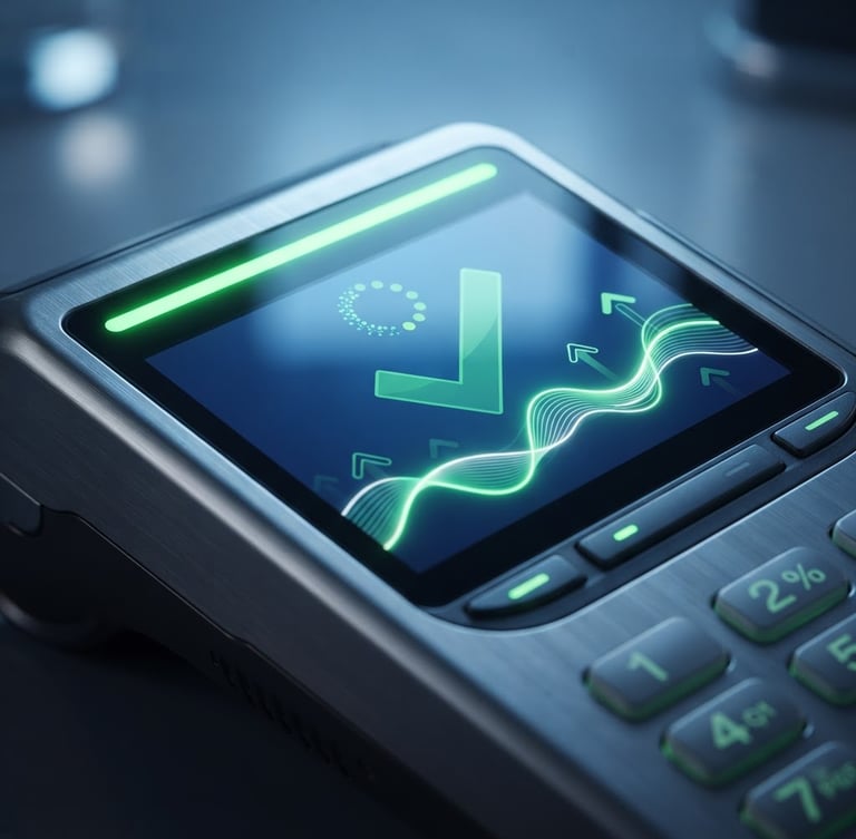 Sleek technical close-up of a modern physical card terminal displaying a successful local transaction screen, cool blue ambient light, neon green connection status line on screen, high-contrast studio lighting