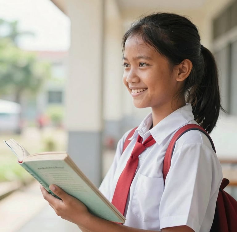 Warm editorial photography of a smiling Indonesian schoolgirl in a red and white elementary uniform holding a book, bright natural morning daylight, soft hopeful tones, shallow depth of field, 35mm
