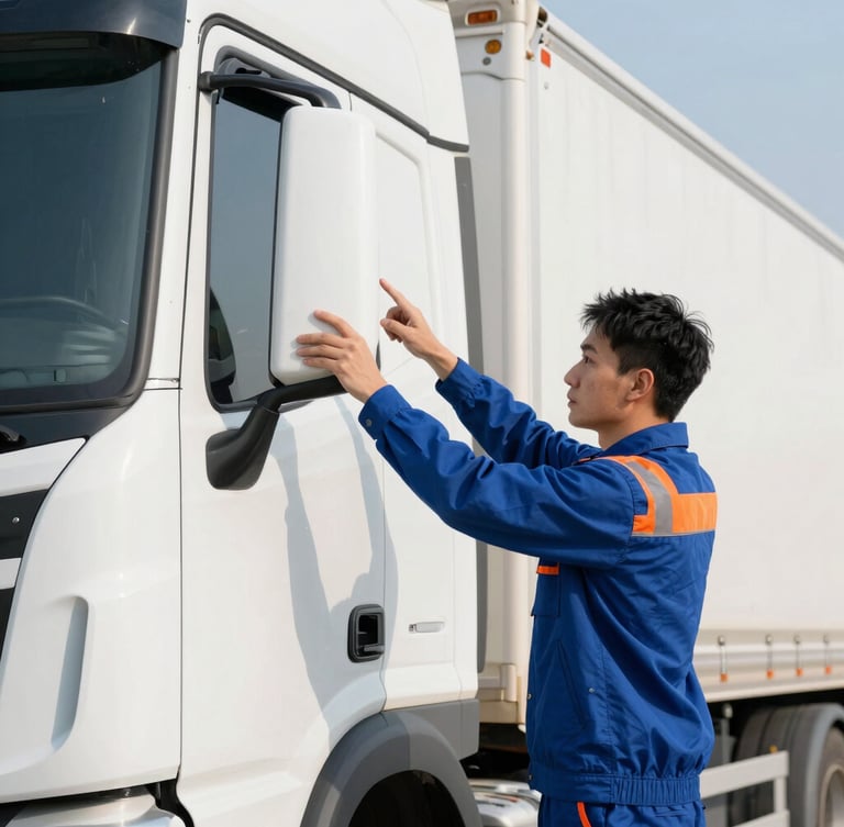 Professional truck driver in clean uniform inspecting a modern white truck side mirror, bright morning daylight, safety orange accents, 35mm photography