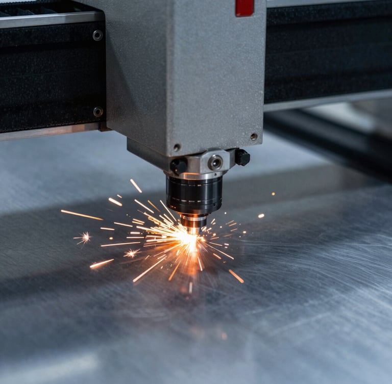 Macro shot of a high-precision laser cutter head calibrated over a stainless steel sheet, throwing brilliant orange sparks, cool silver-gray tones, dramatic high-contrast industrial lighting, 35mm lens