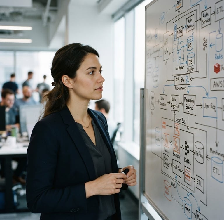 Close-up of a professional woman in a modern office looking at a whiteboard with technical flowcharts, natural side lighting, shallow depth of field, 35mm lens