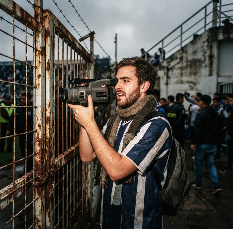 Candid low-angle 35mm film photo with heavy grain and harsh direct flash of a fan holding a vintage video camera near a rusted stadium gate, overcast afternoon light
