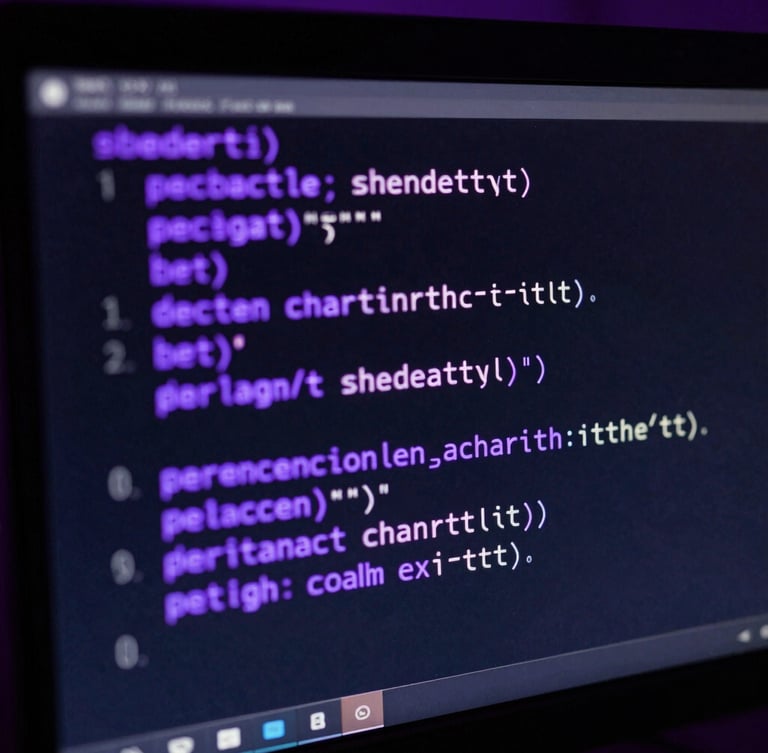 Macro close-up of custom shader code glowing on a mechanical monitor, electric purple syntax highlighting, dark background, anamorphic lens.