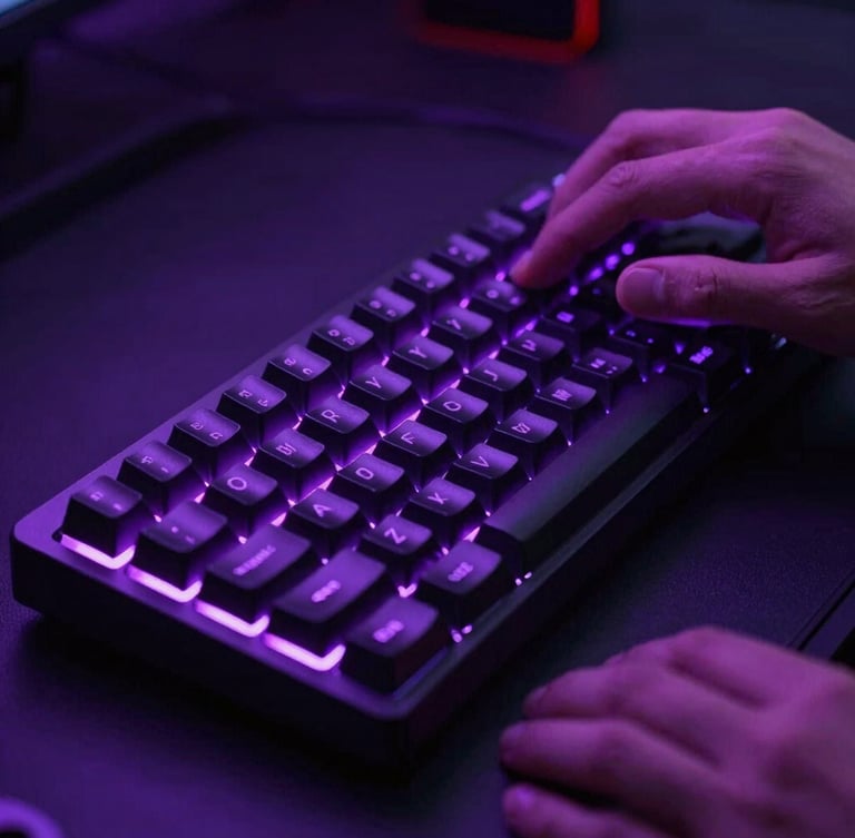 Close-up of developer hands on a mechanical keyboard, neon electric purple backlighting, dark moody studio environment, anamorphic lens