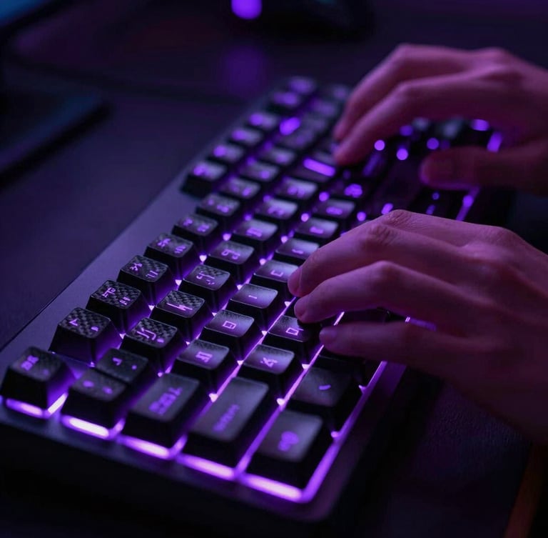 Cinematic close-up of a player's hands on a glowing mechanical keyboard, moody backlighting, intense electric purple neon reflections on carbon black keys, ultra-sharp 8k resolution