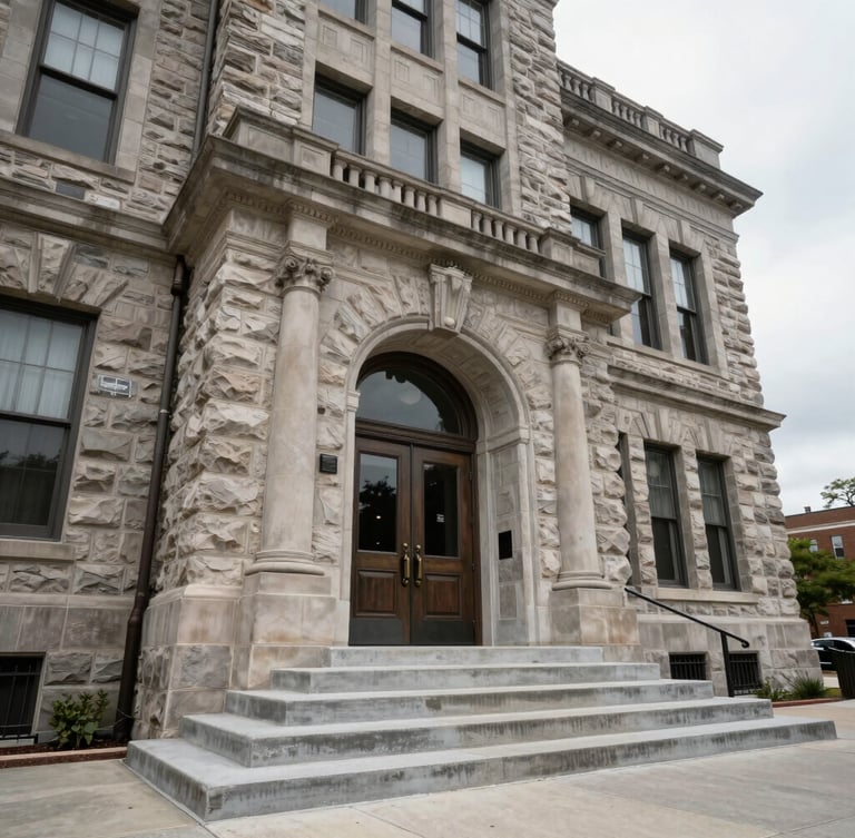 Wide objective street-level angle of a stone county courthouse facade under harsh overcast daylight, concrete steps leading to heavy double doors, raw unpolished architectural detail.