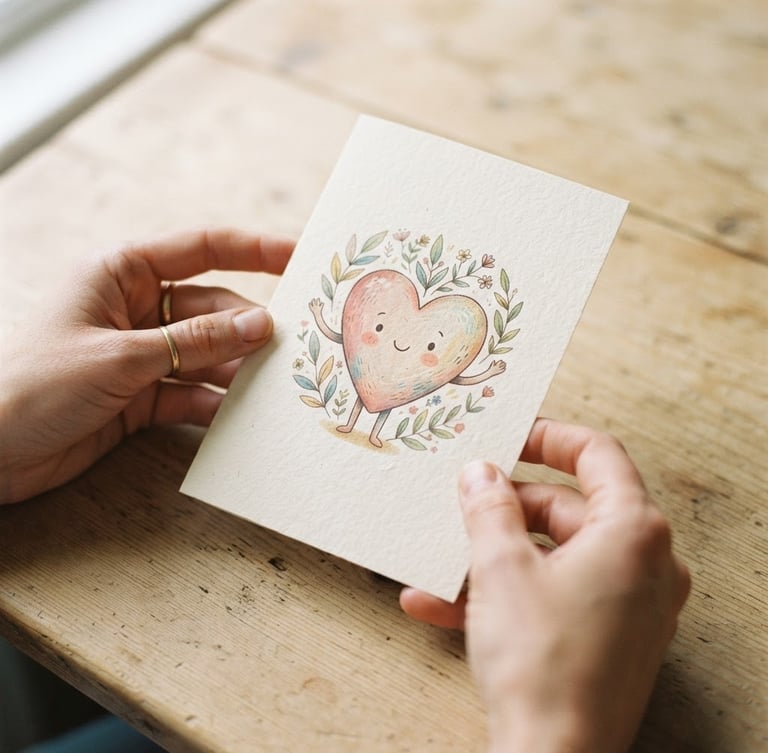 Close-up overhead shot of hands gently holding a Herbie Heart greeting card on a light wooden table, soft morning window light, shallow depth of field focusing on the card texture, muted pastel tones, 35mm.