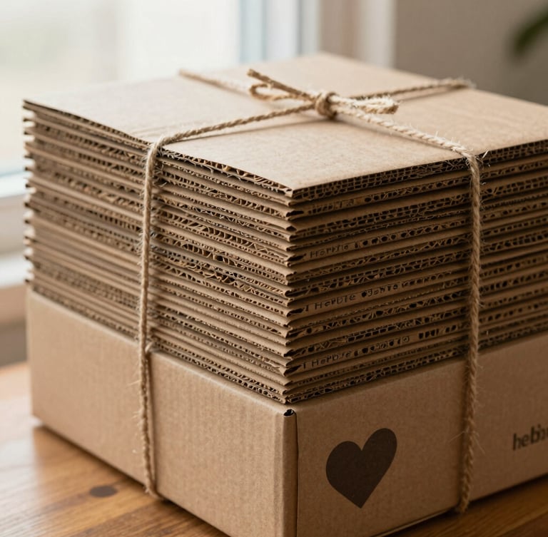 Close-up of a stack of flat, brown recycled cardboard shipping boxes with Herbie Hearts branding, tied with natural twine, on a wooden table, soft morning light, warm editorial photography.