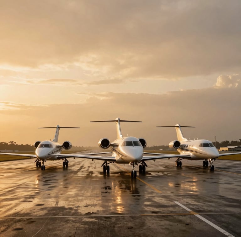 Cinematic wide-angle shot of three private jets taxiing in a perfect line at golden hour, rain-slicked taxiway, dramatic low-key lighting, 35mm lens.