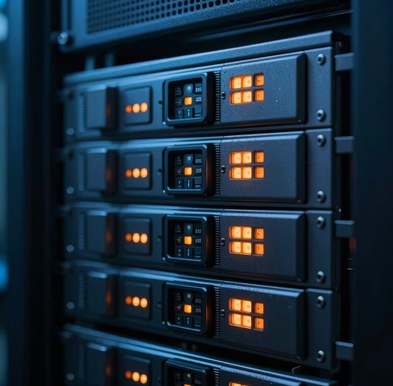 Macro close-up of secure server rack hardware in a dark data center, cool blue ambient light with sharp orange status indicators