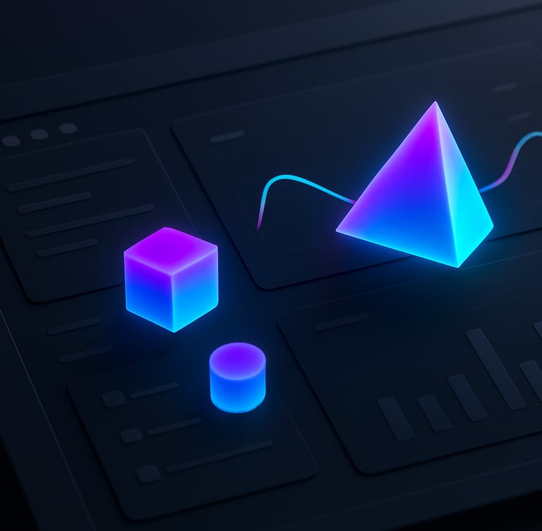 Close-up macro shot of dark-mode software interface mockups with glowing vibrant neon purple and cyan 3D geometric forms floating above a clean dashboard.
