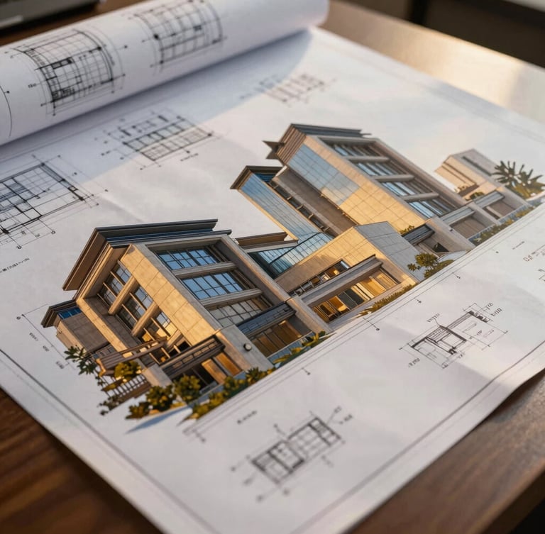 Low-angle heroic perspective of a modern architectural blueprint overlaid on a clean desk, with a subtle golden hour light, sharp focus, showing detailed structural plans.