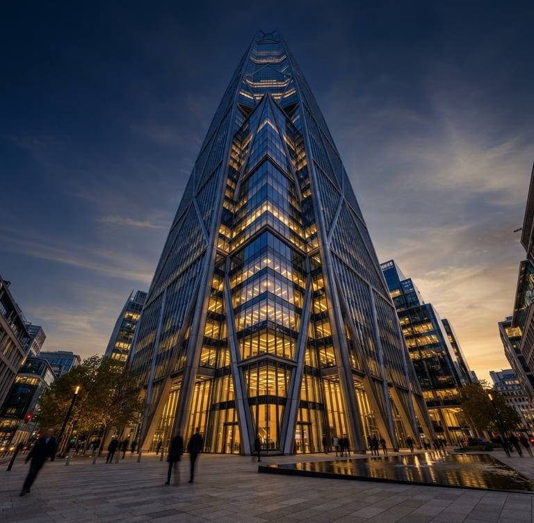 Wide-angle architectural shot of a modern, sleek skyscraper at golden hour, sharp geometric lines, low-angle heroic perspective, deep navy and warm gold tones, sharp focus, wide-angle lens, structural details visible.