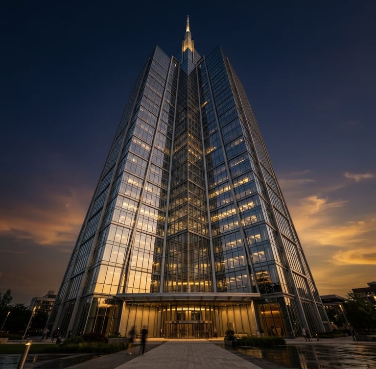 Wide-angle, low-angle shot of a modern, glass-clad skyscraper at golden hour, sharp geometric symmetry, deep navy and warm gold tones, with a slight upward tilt, showcasing its premium materials and structural integrity.