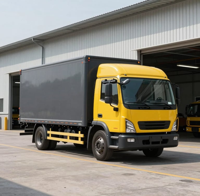 Crisp industrial photography of a modern delivery truck parked in an organized warehouse bay, bright natural daylight, high-contrast charcoal and yellow tones, wide-angle shot, 35mm