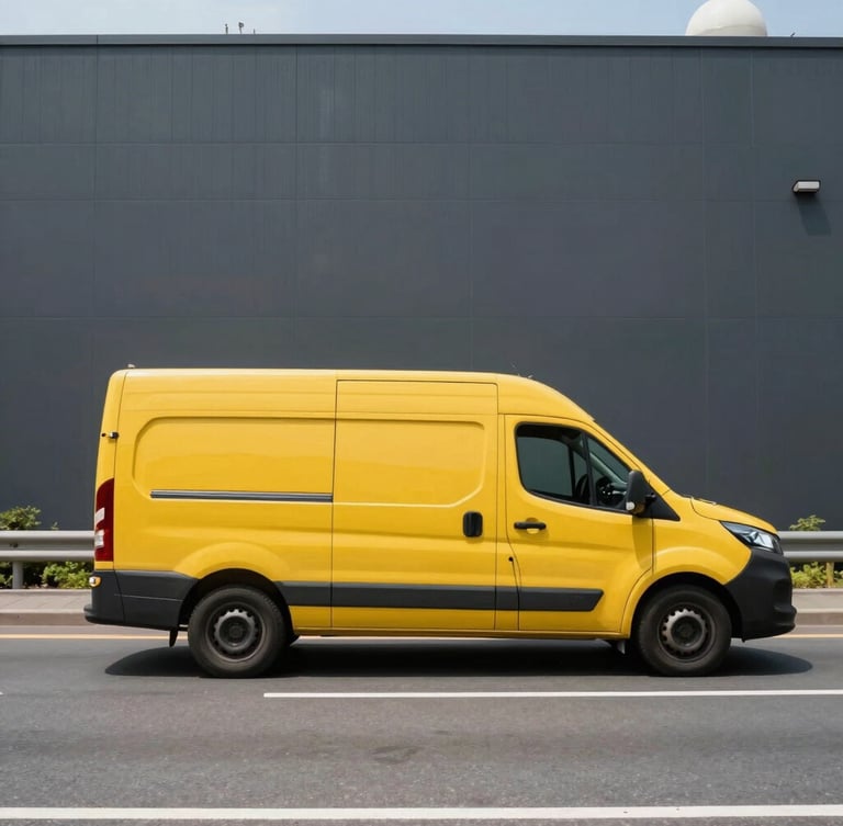 Side view of a modern yellow delivery van driving on an urban highway during bright daylight, crisp industrial photography, 35mm