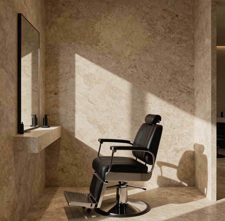 Minimalist interior of UP DUE barber shop, warm travertine stone walls, a single clean modern black barber chair, sharp geometric side shadows, 35mm editorial photography
