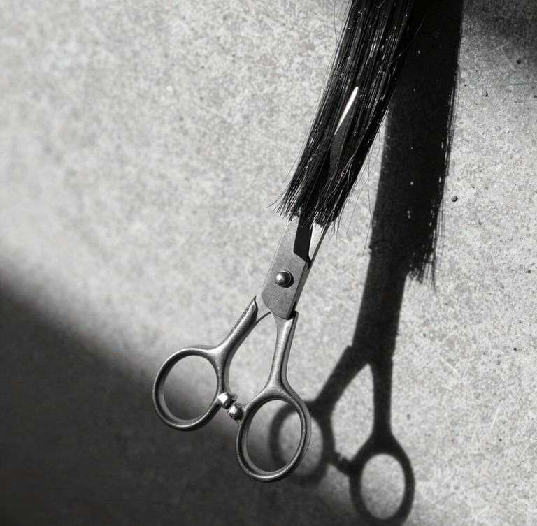 Sharp editorial black and white photography, dramatic side shadows, close-up of a precise scissor-to-hair structural cut, minimalist background