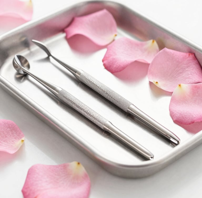 Bright clean beauty salon workstation, macro focus on sterilized steel manicure tools on a silver tray, soft pink rose petals, high-key lighting