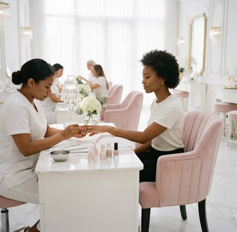 Bright high-key beauty salon interior, pristine white surfaces, soft powder-pink velvet chairs, subtle crystal reflections, premium editorial style, 35mm