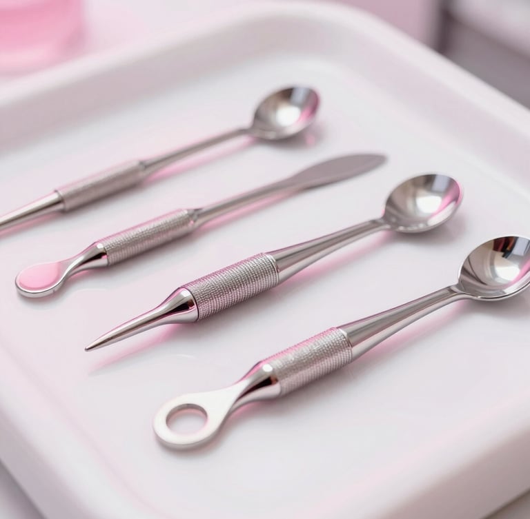 Macro shot of surgical-grade sterilization equipment in a clean white beauty salon, pink neon light reflection on clean metallic surfaces, premium clinical-grade feel