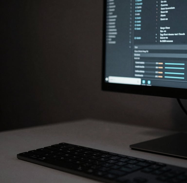 Close-up of a clean minimalist workspace with a high-end monitor showing data charts, moody low-key lighting, deep charcoal tones, sharp focus.
