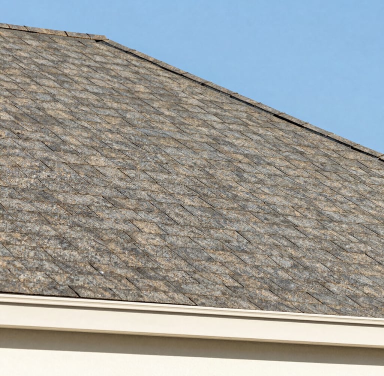Close-up detail of perfectly aligned architectural roof shingles reflecting warm afternoon sunlight, sharp focus, clean lines