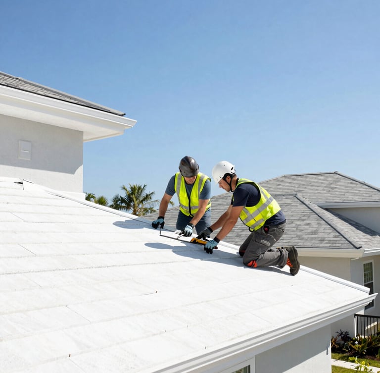 A professional roofing crew wearing safety gear working on a sunny day, high-key natural Florida sunlight, clean modern tools, bright sky