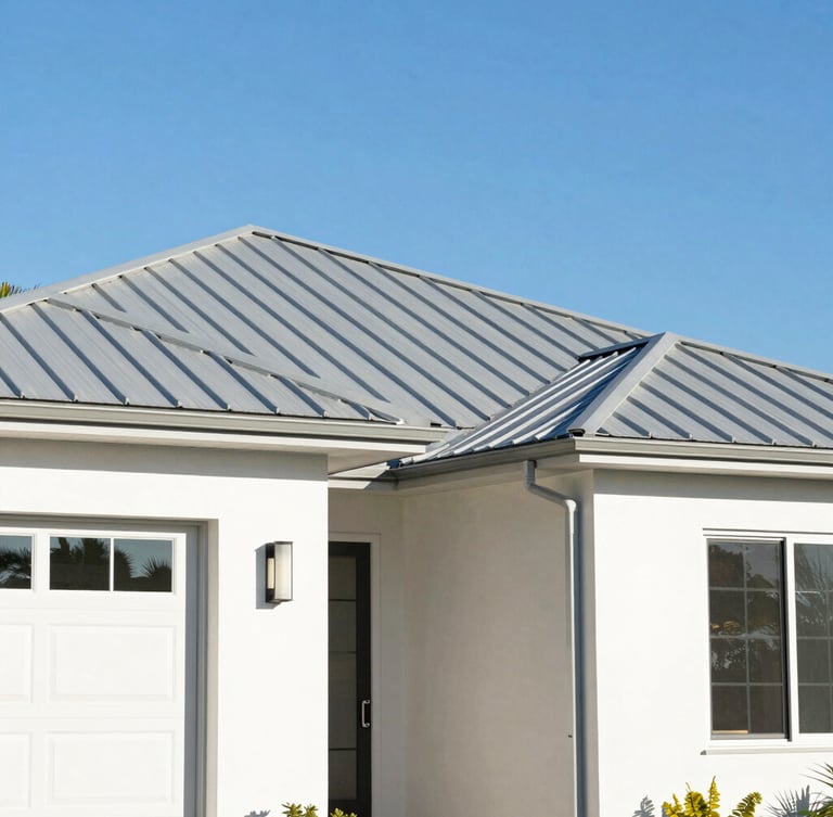 Bright architectural wide shot of a modern clean-lined home with a newly installed metal roof under clear blue sky, warm Florida sunlight