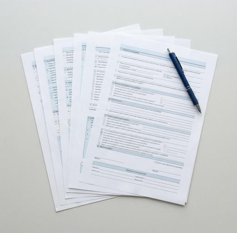 Clean overhead flatlay of official court compliance documents, a blue pen resting on a crisp white page, bright neutral daylight, sharp focus, 35mm