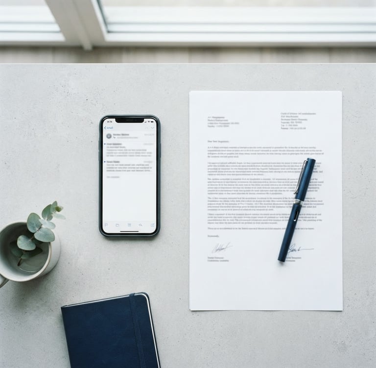 Overhead flatlay of a clean workspace with a smartphone displaying an open email, an official paper document with a sleek pen beside it, bright neutral daylight, crisp blue and gray tones