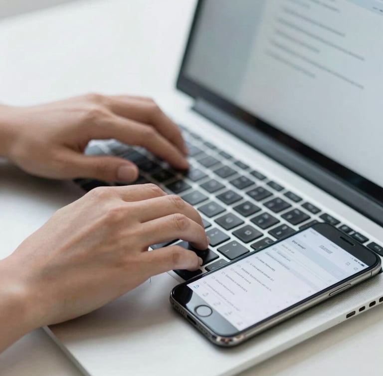 A close-up shot of hands typing on a laptop keyboard next to a smartphone displaying an email inbox, bright neutral daylight, crisp blue and gray tones, 35mm