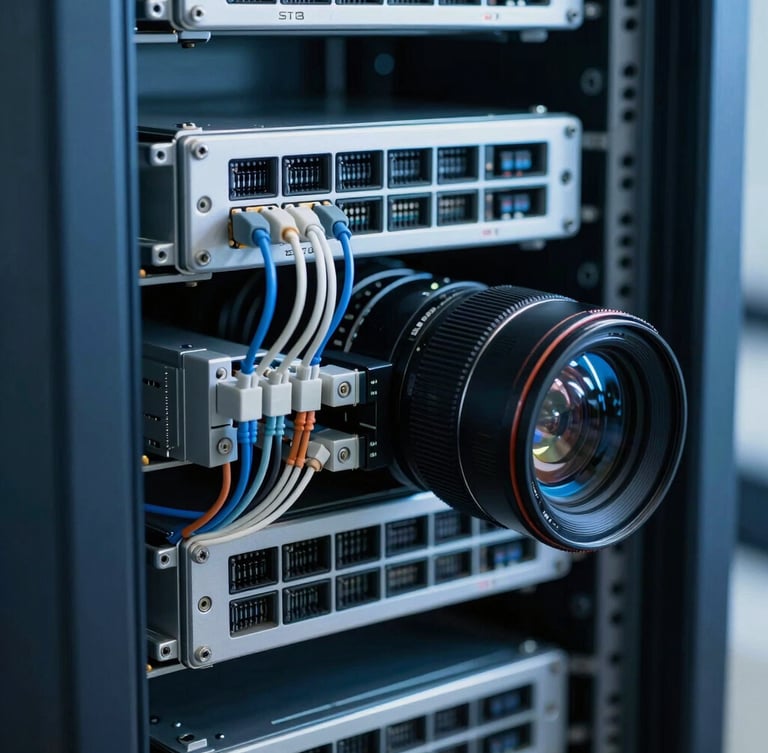 Macro technical photography of clean-room server rack assembly, high-contrast cool blue highlights, sharp focus on wired connections, 35mm lens
