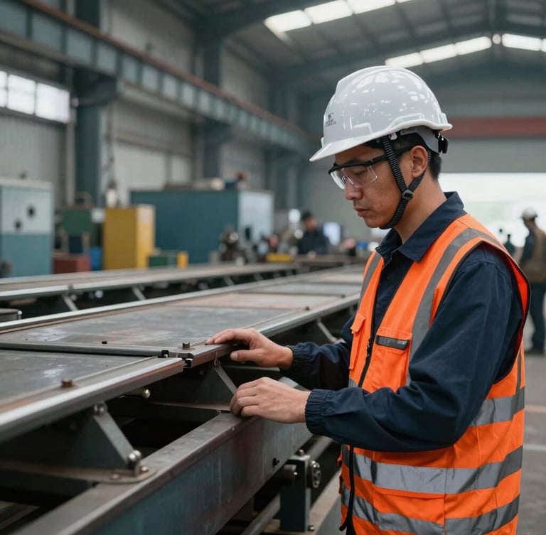 Industrial documentary photography of an experienced safety engineer with a hard hat and protective glasses inspecting a steel manufacturing line, sharp natural light, safety orange accents