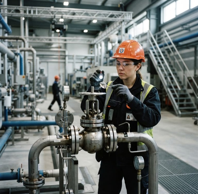 Industrial documentary photography of a worker wearing full correct PPE, safety glasses, and an orange helmet, inspecting a steel valve in a modern manufacturing plant, sharp natural light, high-contrast cool tones with safety orange accents, crisp details, 35mm lens.