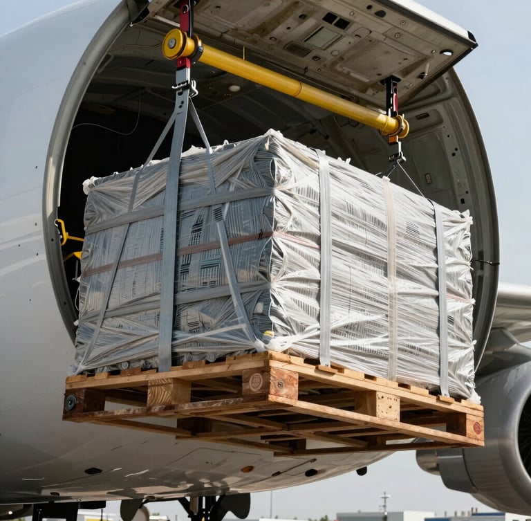 A heavy cargo pallet wrapped in protective industrial netting being lifted into a cargo plane fuselage, high-contrast daylight, steel textures