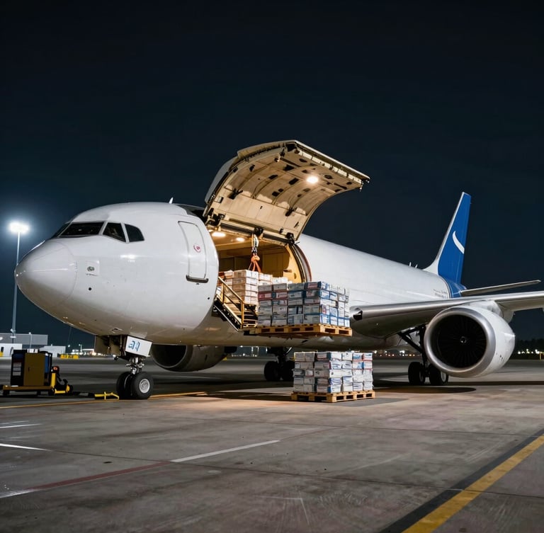 High-contrast wide-angle shot of a cargo plane loading on the tarmac at night under dramatic floodlights, heavy pallets being lifted into the hold, cool-toned industrial atmosphere.