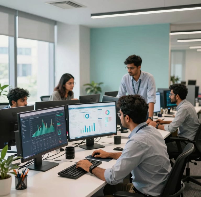 A bright, clean collaborative workspace in a Bangalore tech hub, developers and strategists analyzing data on screens, modern Indian office daylight, 35mm lens.