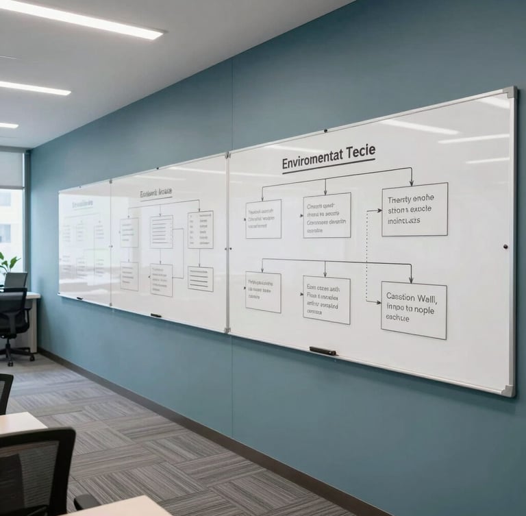 Wide environmental office shot of a modern Bangalore tech hub with structured whiteboards showing campaign architecture, bright daylight, 35mm lens.