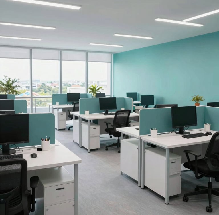 Wide environmental shot of a modern Bangalore tech workspace, bright natural daylight, clean slate and teal tones, sharp focus, 35mm lens.