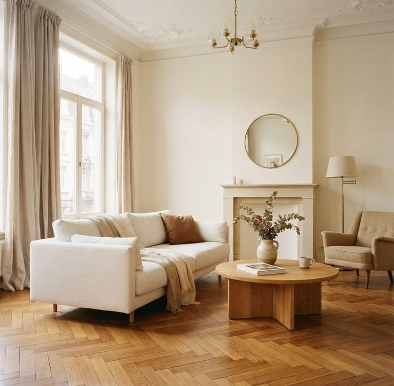 Elegant sun-drenched Brussels apartment interior, high ceilings, herringbone parquet floor, minimalist white sofa, soft beige curtains, warm daylight, 35mm photography