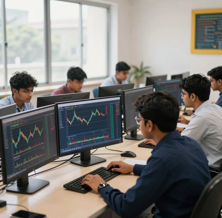 A professional classroom environment in Patna, students analyzing stock charts on multiple clean monitors, bright natural daylight, corporate editorial style, 35mm lens